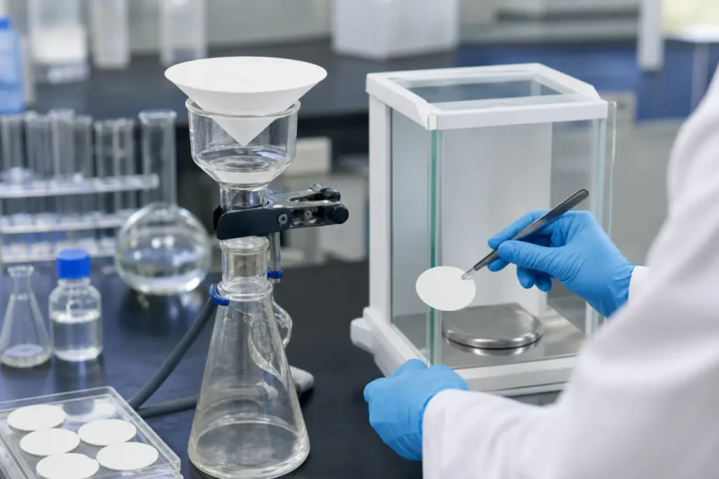 لقطة مقربة لإعداد الترشيح المختبري مع مرشح ألياف زجاجية لقياس المواد العالقة الكلية في الماء