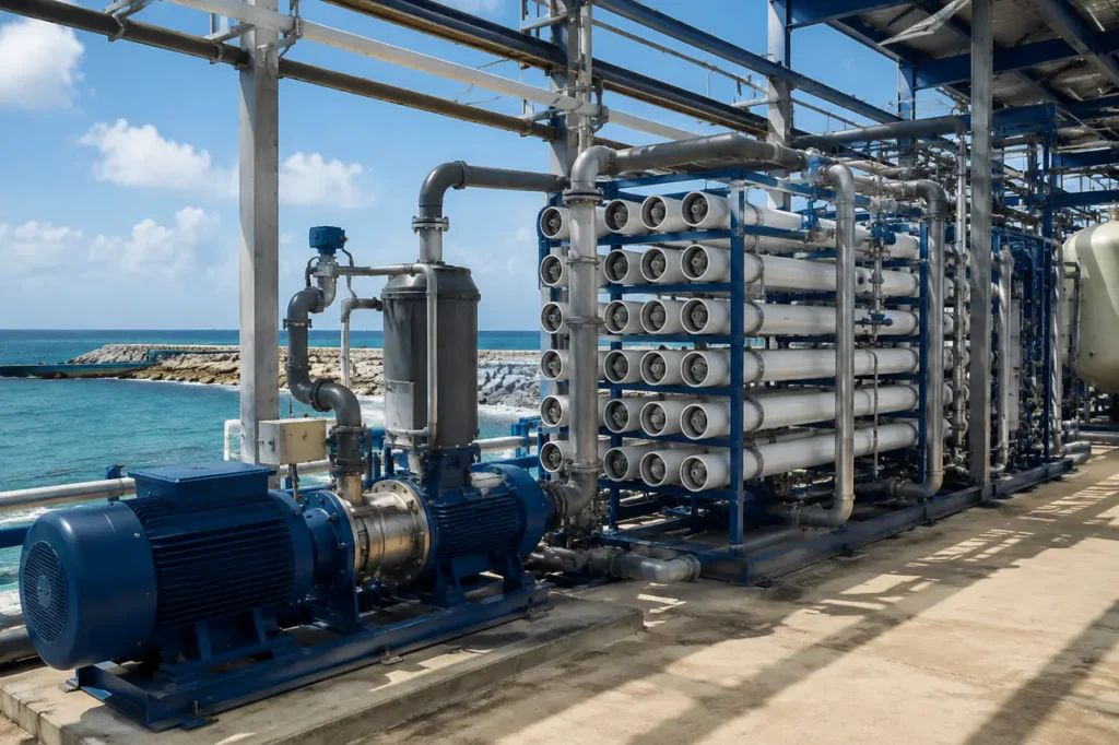 industrial seawater reverse osmosis system installed at coastal facility